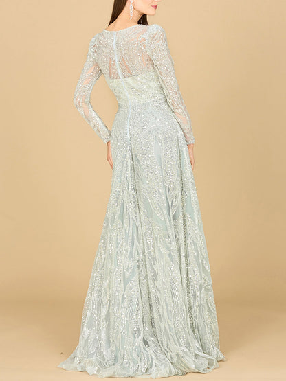 Long Sleeve Beaded Lace Gown by Lara New York