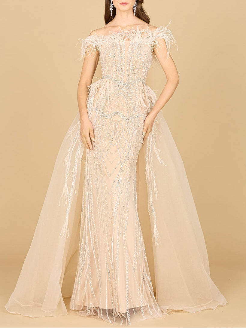 Off Shoulder Gown with Feathers by Lara New York