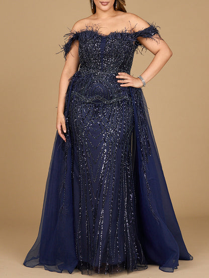 Off Shoulder Gown with Feathers by Lara New York
