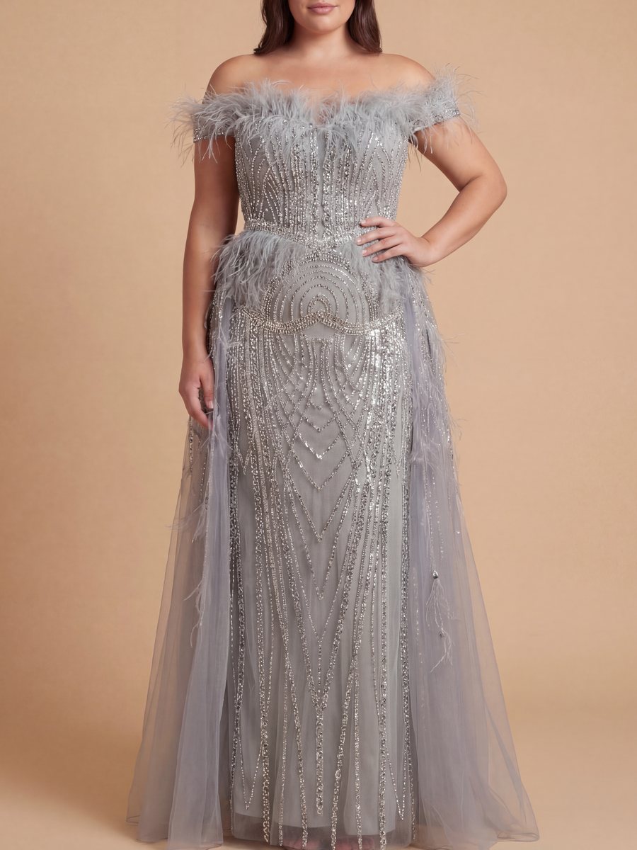 Off Shoulder Gown with Feathers by Lara New York