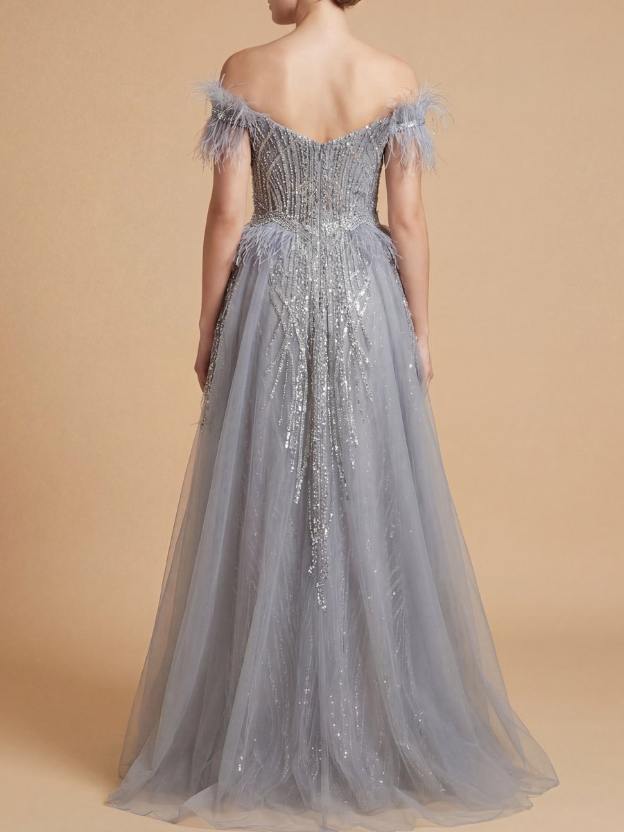 Off Shoulder Gown with Feathers by Lara New York