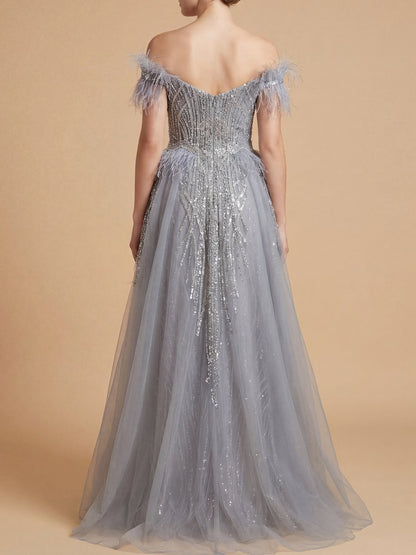 Off Shoulder Gown with Feathers by Lara New York