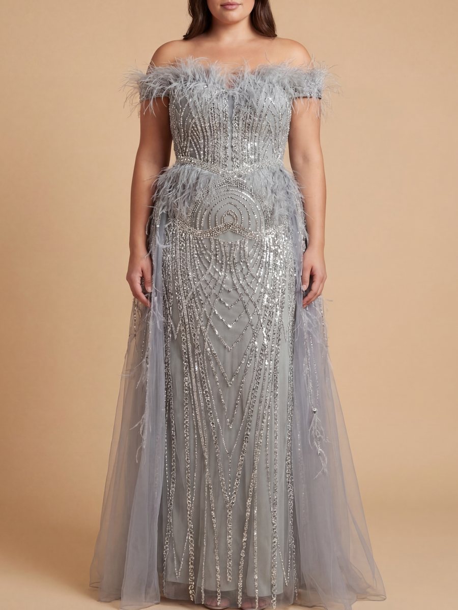 Off Shoulder Gown with Feathers by Lara New York