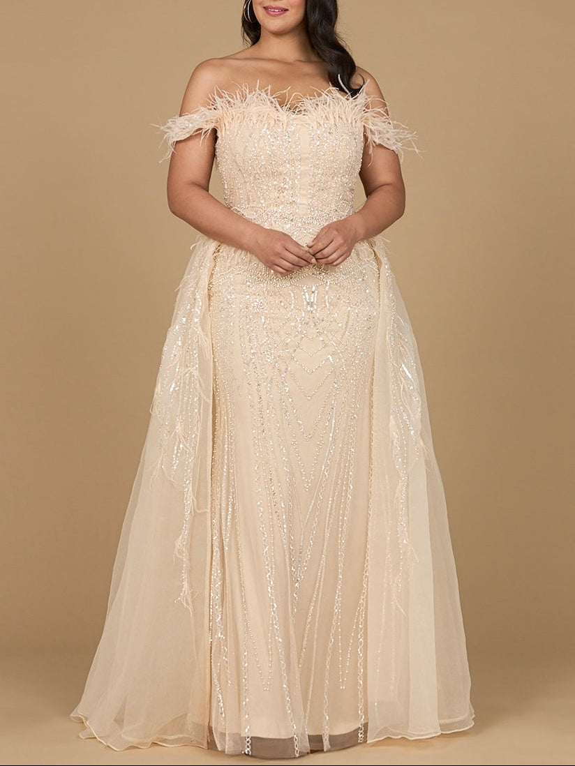 Off Shoulder Gown with Feathers by Lara New York