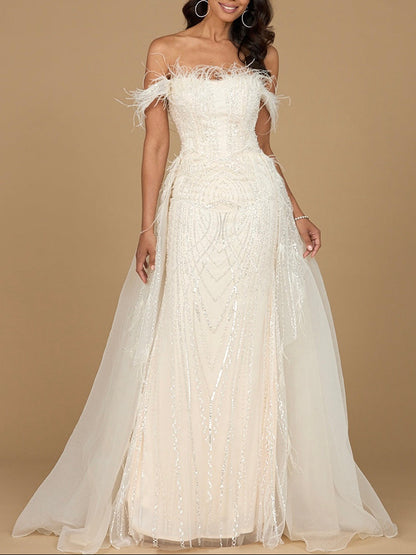 Off Shoulder Gown with Feathers by Lara New York