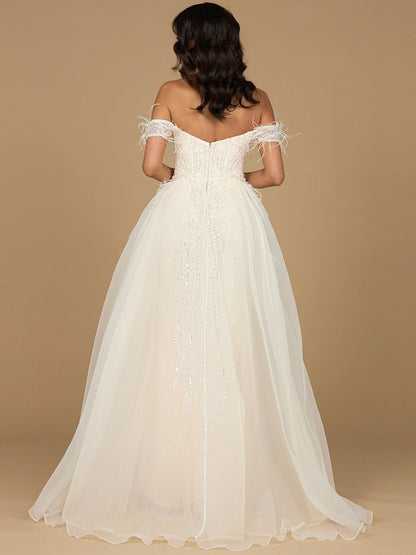 Off Shoulder Gown with Feathers by Lara New York