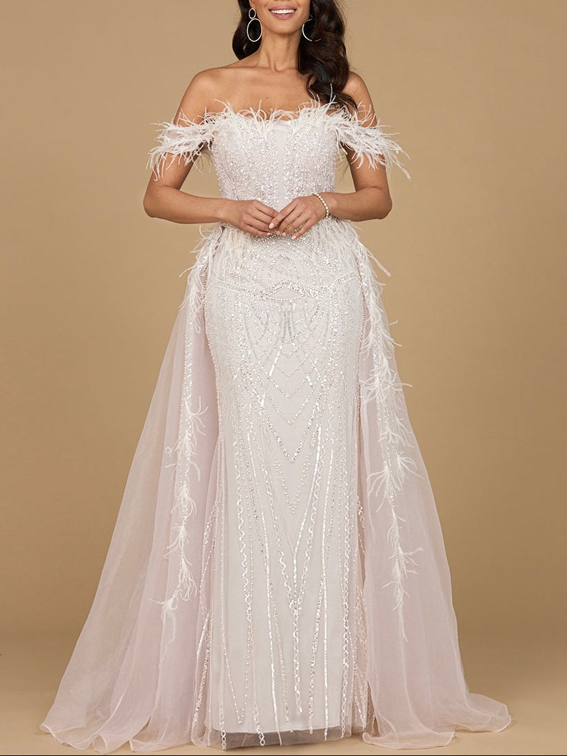 Off Shoulder Gown with Feathers by Lara New York
