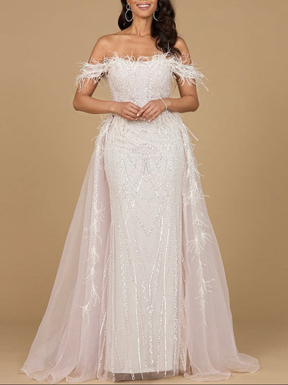 Off Shoulder Gown with Feathers by Lara New York