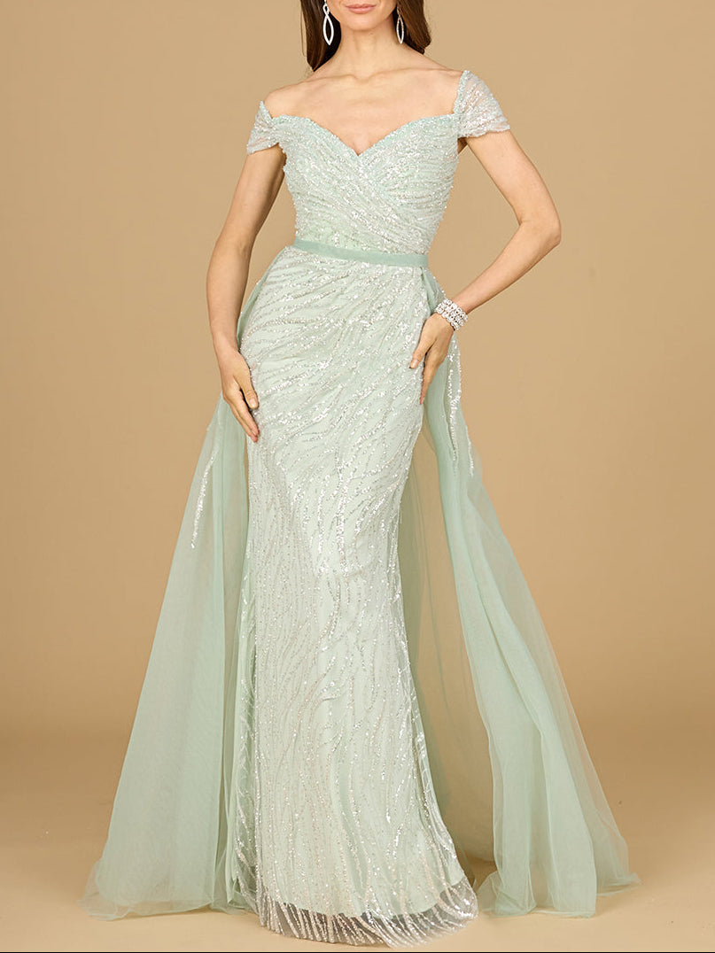 Classic Off Shoulder Overskirt Gown by Lara New York