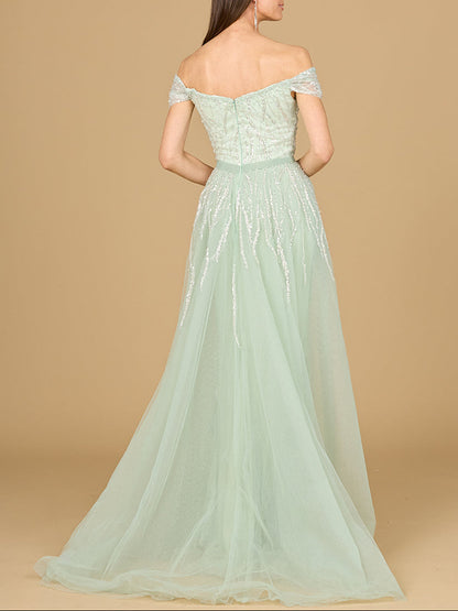 Classic Off Shoulder Overskirt Gown by Lara New York