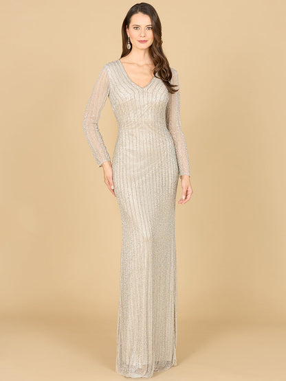 Classic V-Neck Beaded Long Sleeve Gown by Lara New York
