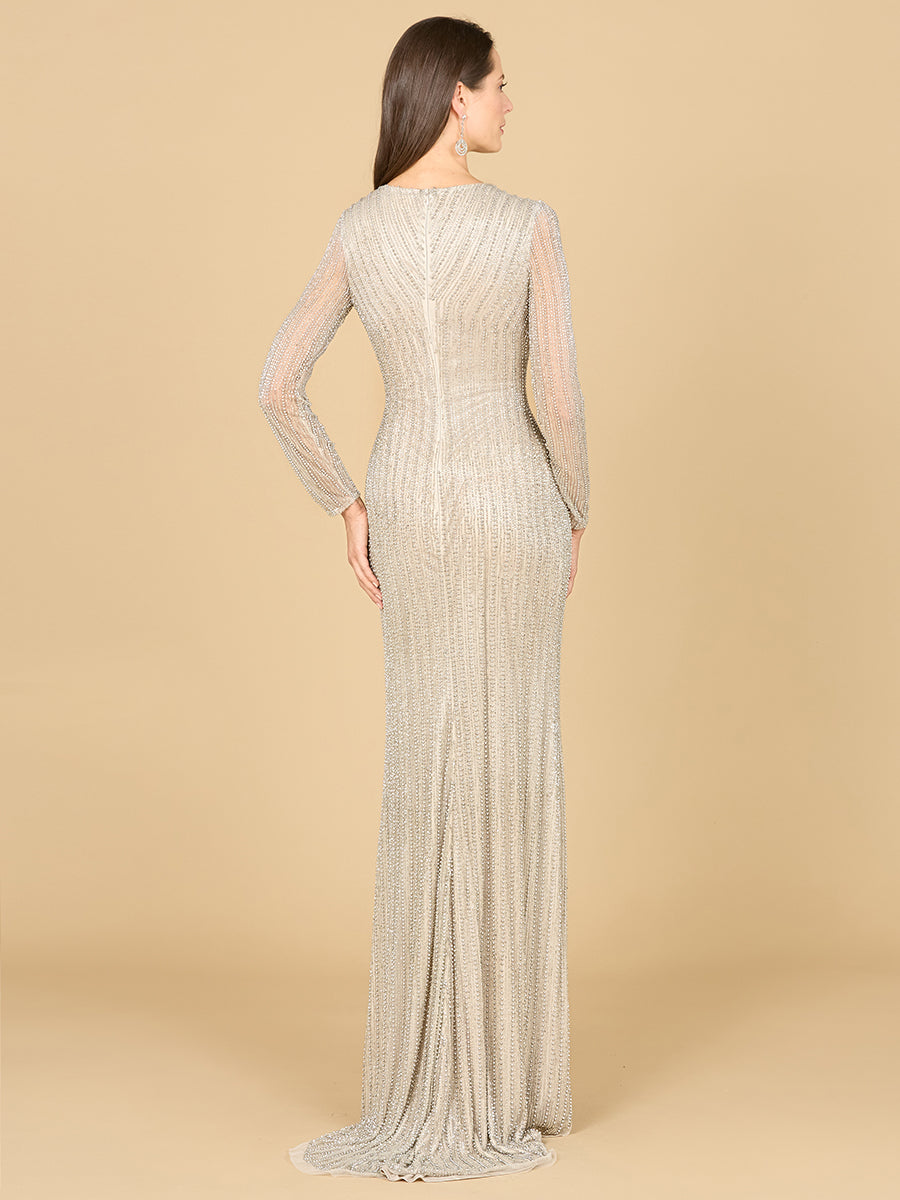 Classic V-Neck Beaded Long Sleeve Gown by Lara New York