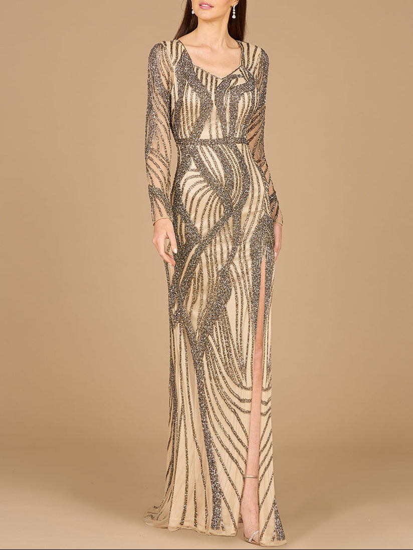 Cascading Beads Long Sleeve Dress - OUTLET by Lara New York