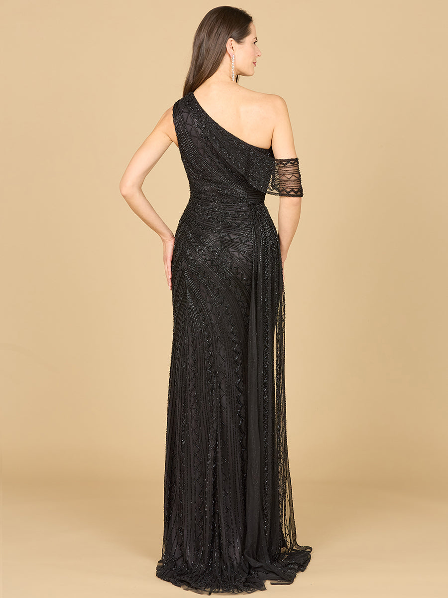 Beaded One Shoulder Dress with Train by Lara New York