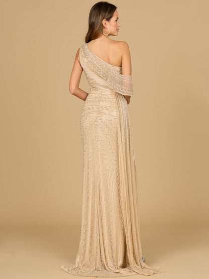 Beaded One Shoulder Dress with Train by Lara New York