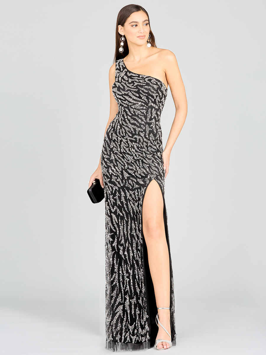 One-Shoulder Beaded Gown with High Slit by Lara New York