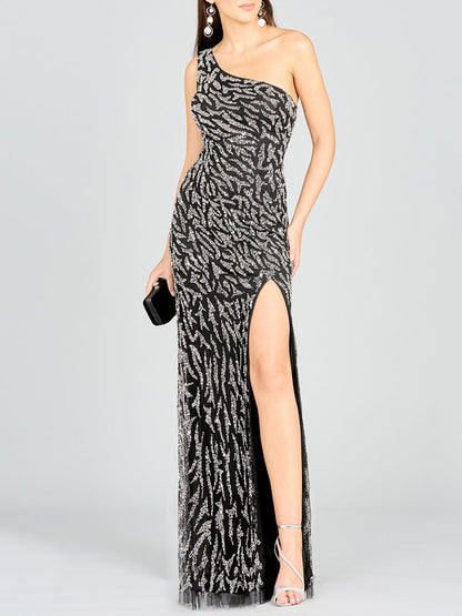 One-Shoulder Beaded Gown with High Slit by Lara New York