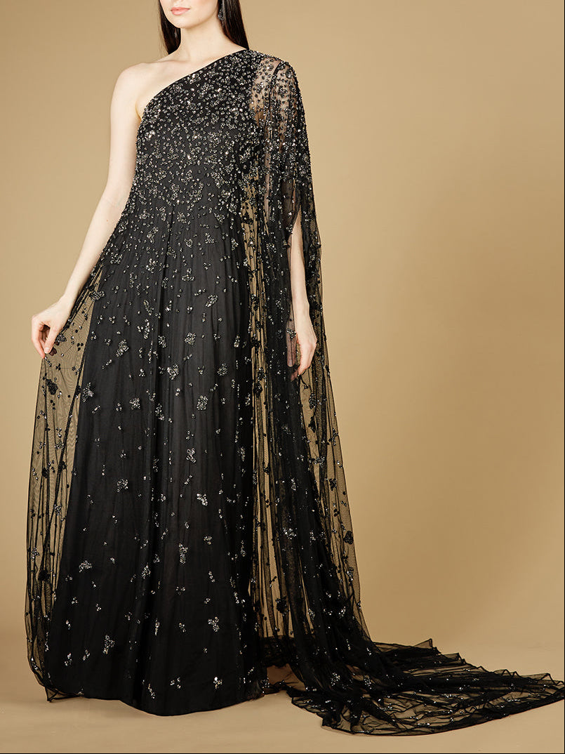 One Shoulder Cape Sleeve Gown by Lara New York