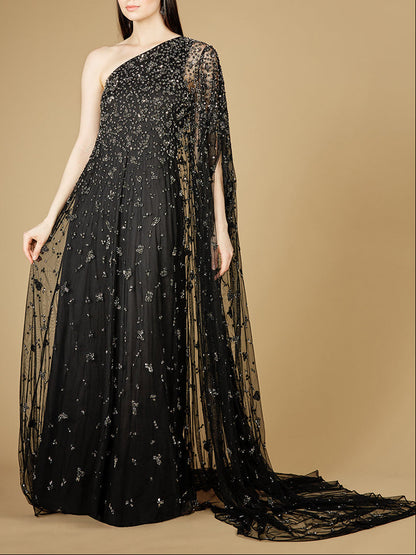 One Shoulder Cape Sleeve Gown by Lara New York