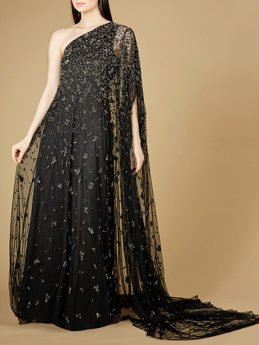 One Shoulder Cape Sleeve Gown by Lara New York