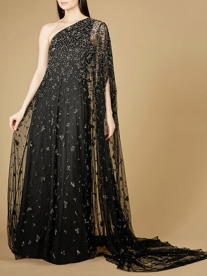 One Shoulder Cape Sleeve Gown by Lara New York