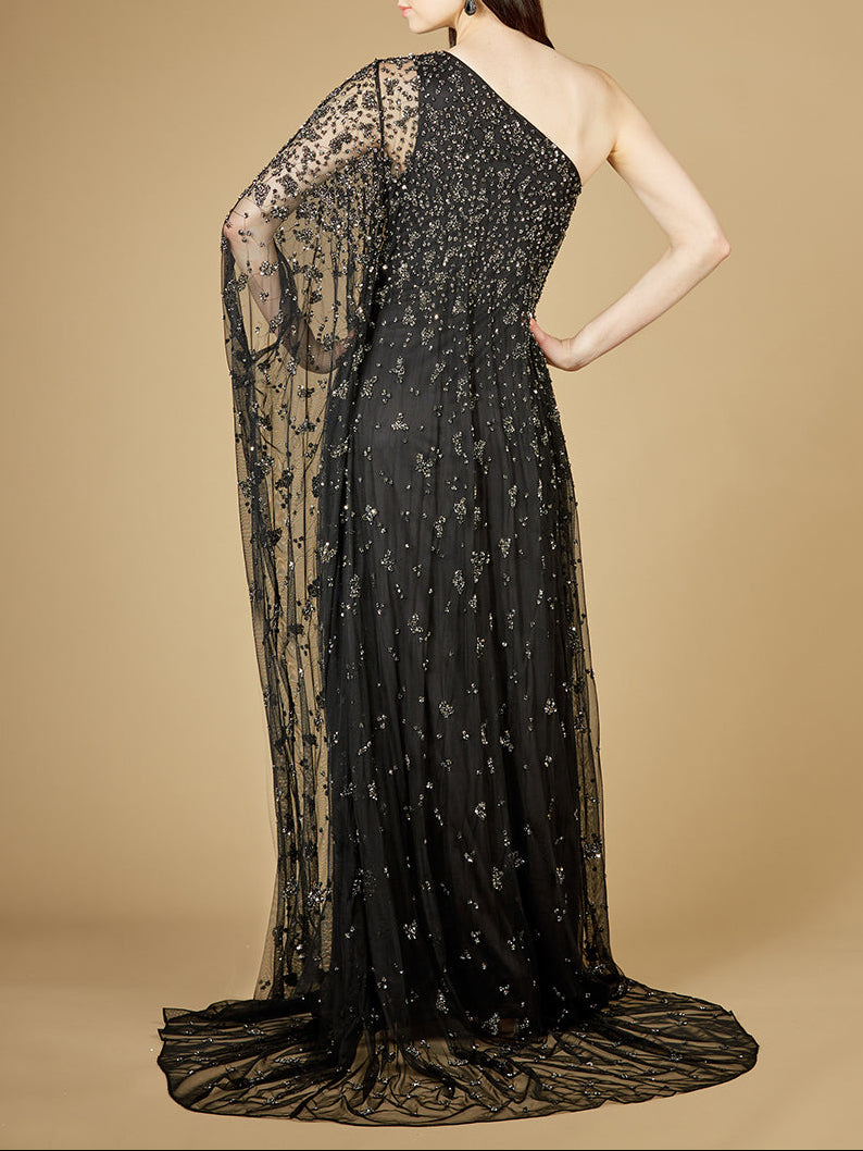 One Shoulder Cape Sleeve Gown by Lara New York