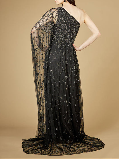 One Shoulder Cape Sleeve Gown by Lara New York