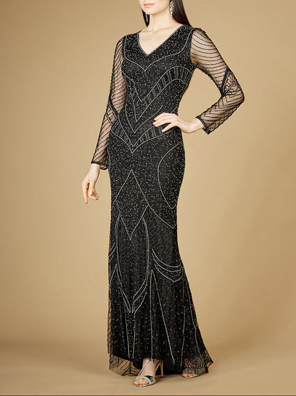 Long Sleeve Beaded Dresses with Sheer Sleeves - OUTLET by Lara New York