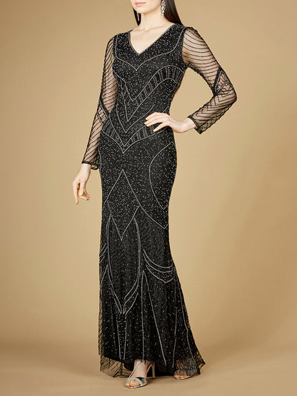 Long Sleeve Beaded Dresses with Sheer Sleeves - OUTLET by Lara New York