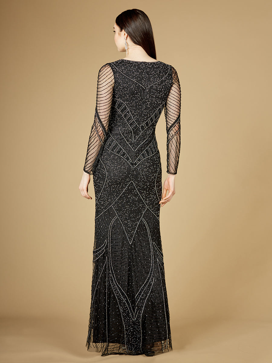 Long Sleeve Beaded Dresses with Sheer Sleeves - OUTLET by Lara New York