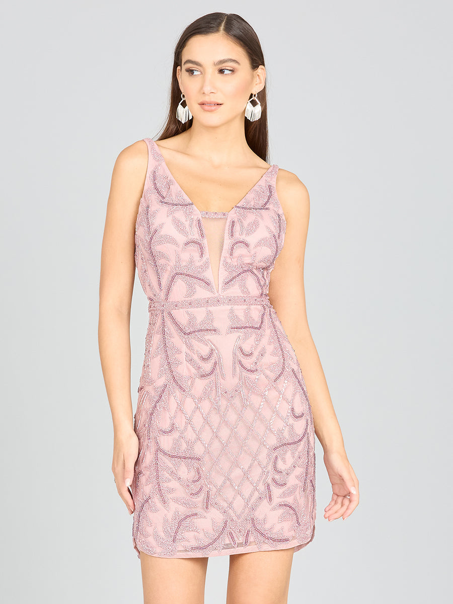 Deep V-Neck Beaded Mini Dress with Low Back by Lara New York