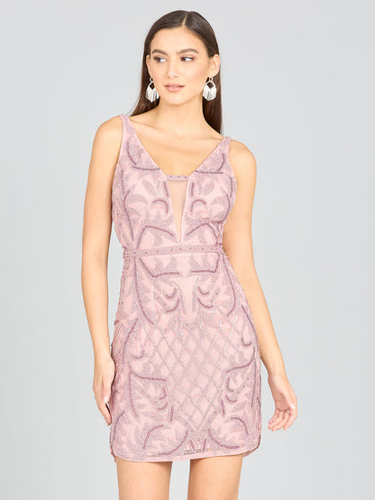 Deep V-Neck Beaded Mini Dress with Low Back by Lara New York
