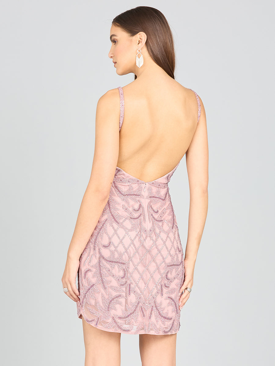 Deep V-Neck Beaded Mini Dress with Low Back by Lara New York