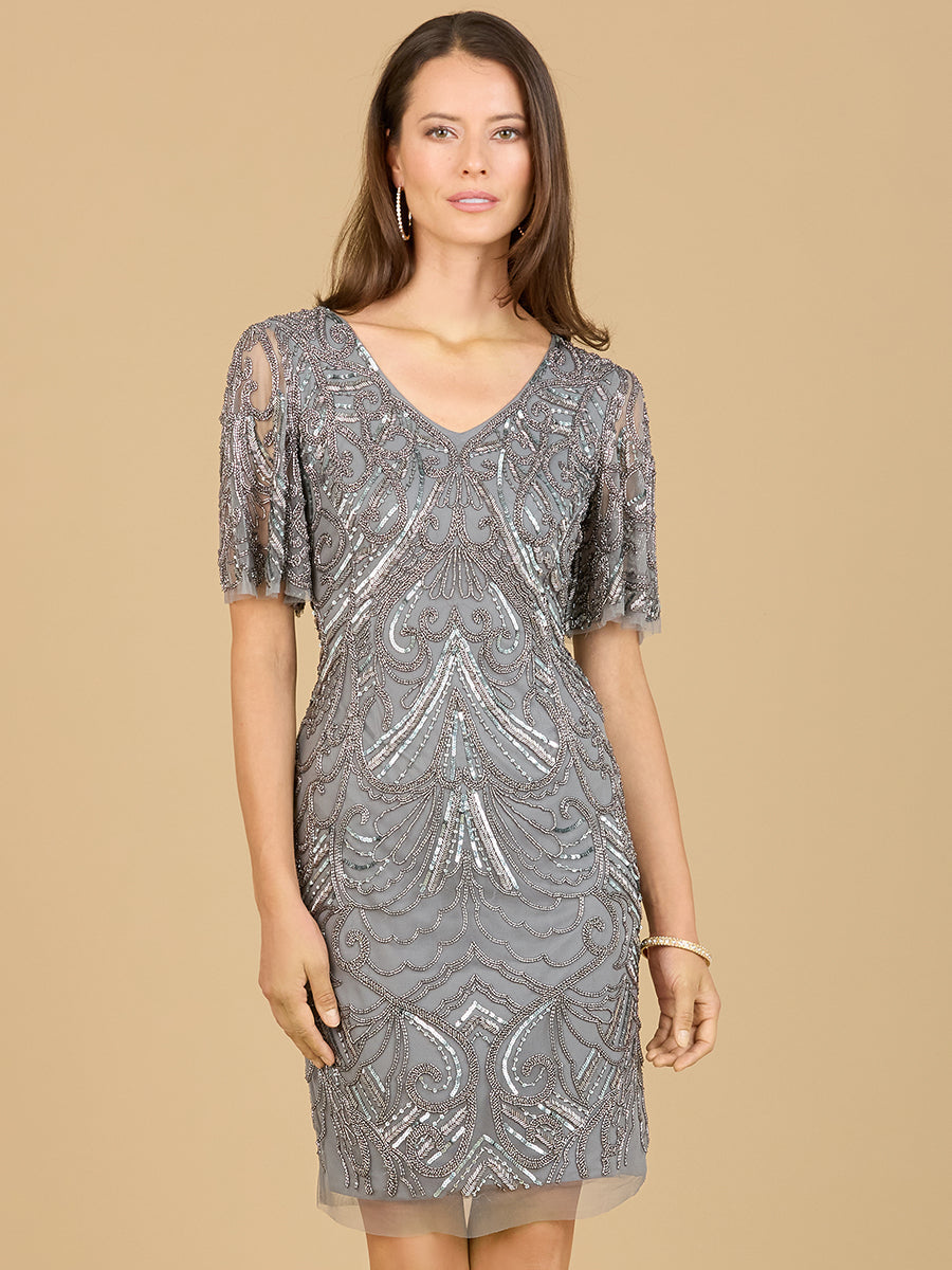 Beaded Cocktail Dress with Short Sleeves - OUTLET by Lara New York
