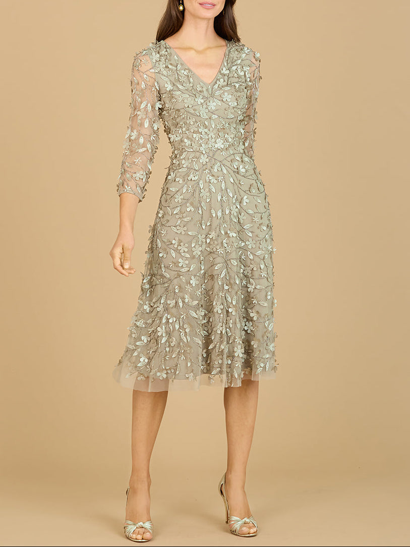 Flowing, 3D Embroidered Midi Dress with Sleeves by Lara New York