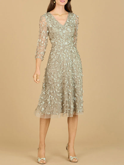 Flowing, 3D Embroidered Midi Dress with Sleeves by Lara New York