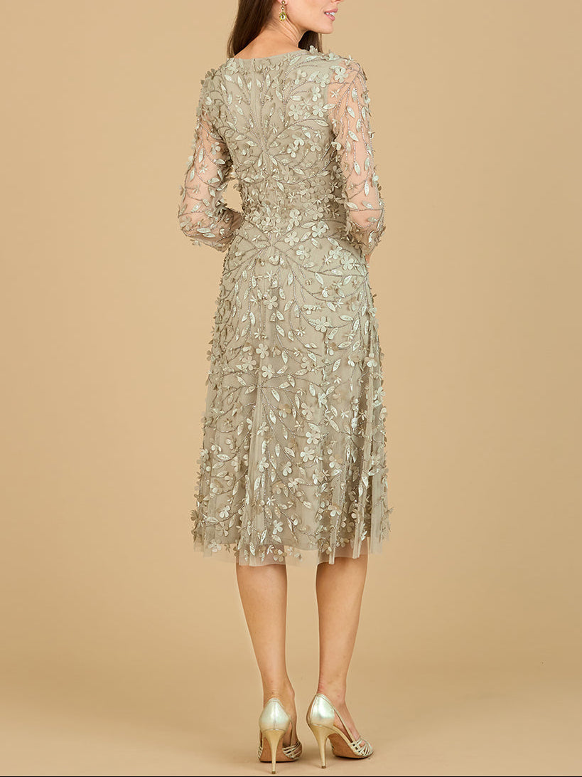 Flowing, 3D Embroidered Midi Dress with Sleeves by Lara New York