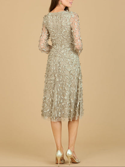 Flowing, 3D Embroidered Midi Dress with Sleeves by Lara New York