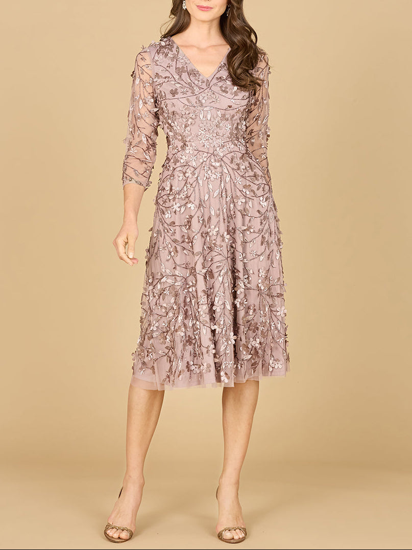 Flowing, 3D Embroidered Midi Dress with Sleeves by Lara New York