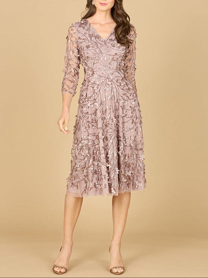 Flowing, 3D Embroidered Midi Dress with Sleeves by Lara New York