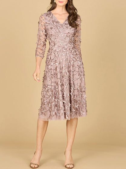 Flowing, 3D Embroidered Midi Dress with Sleeves by Lara New York