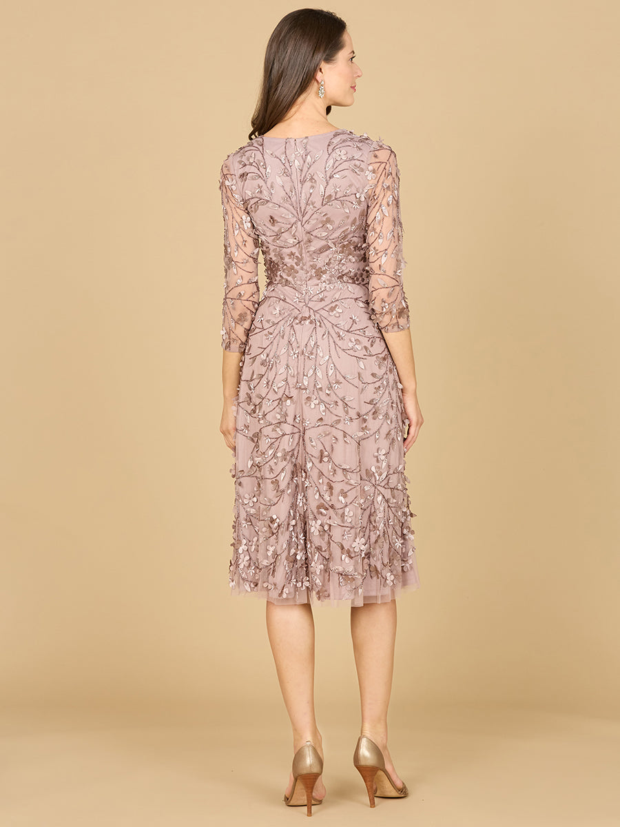 Flowing, 3D Embroidered Midi Dress with Sleeves by Lara New York