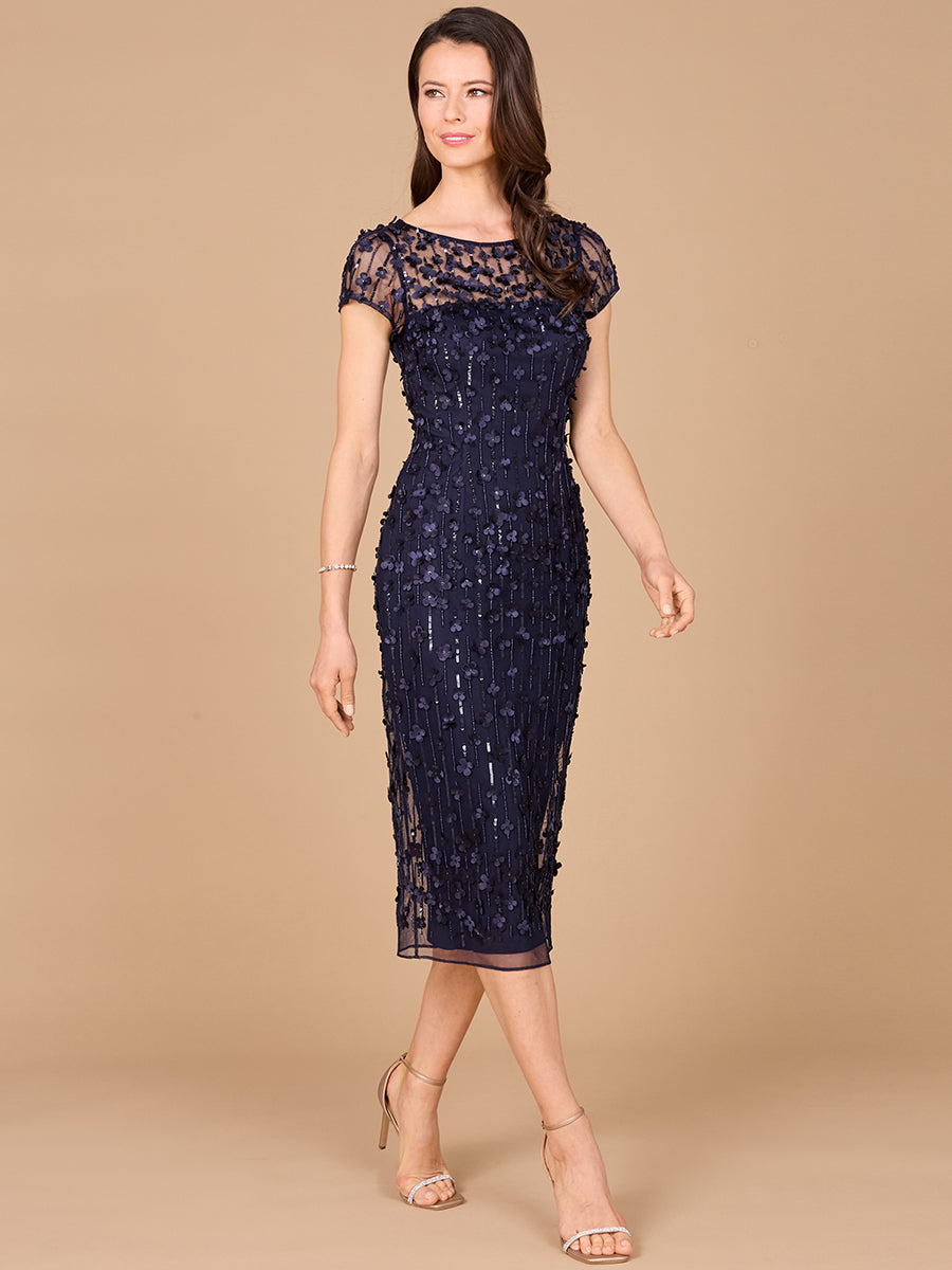 3D Applique Midi Dress with Cap Sleeves by Lara New York