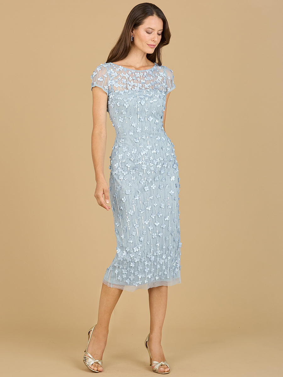 3D Applique Midi Dress with Cap Sleeves by Lara New York