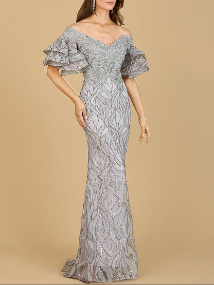 Off Shoulder Mermaid Beaded Gown with Tiered Sleeves by Lara New York