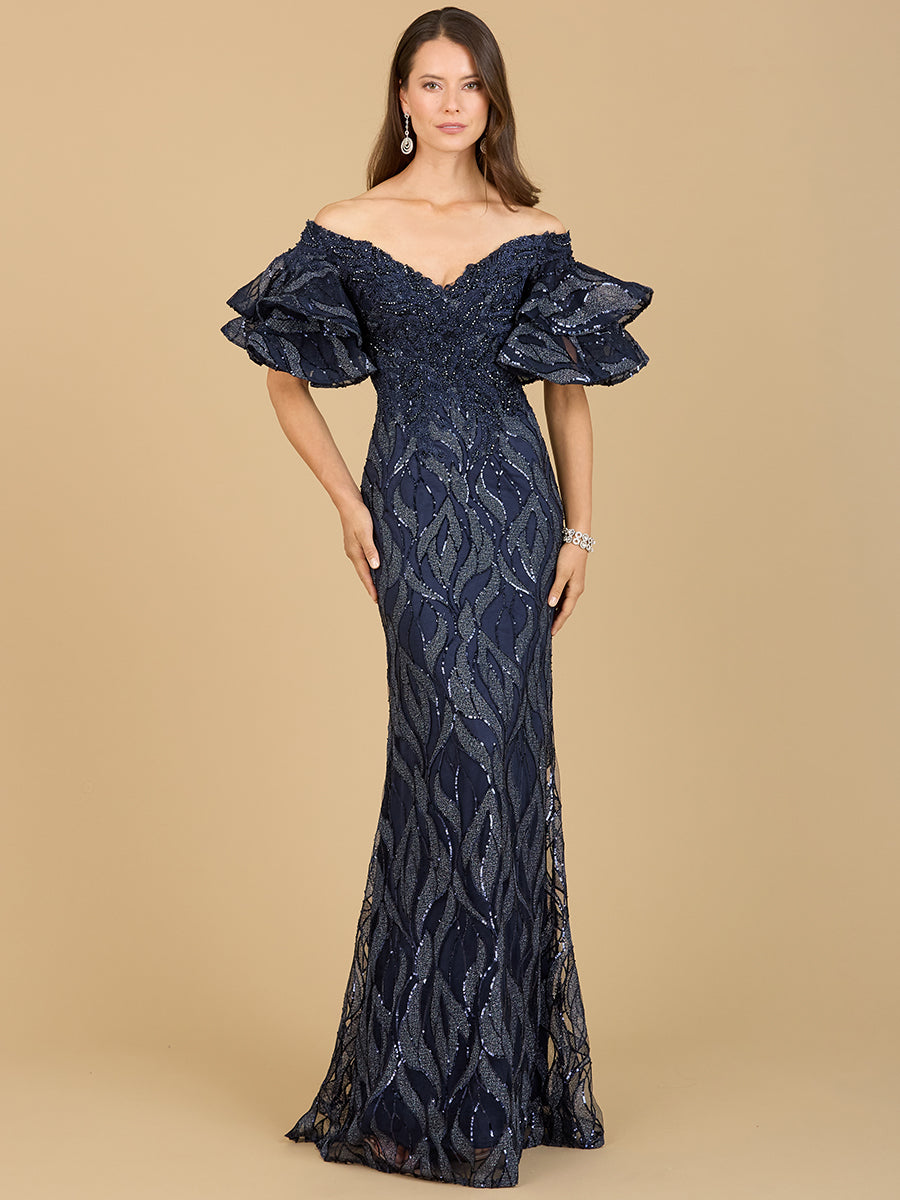 Off Shoulder Mermaid Beaded Gown with Tiered Sleeves by Lara New York