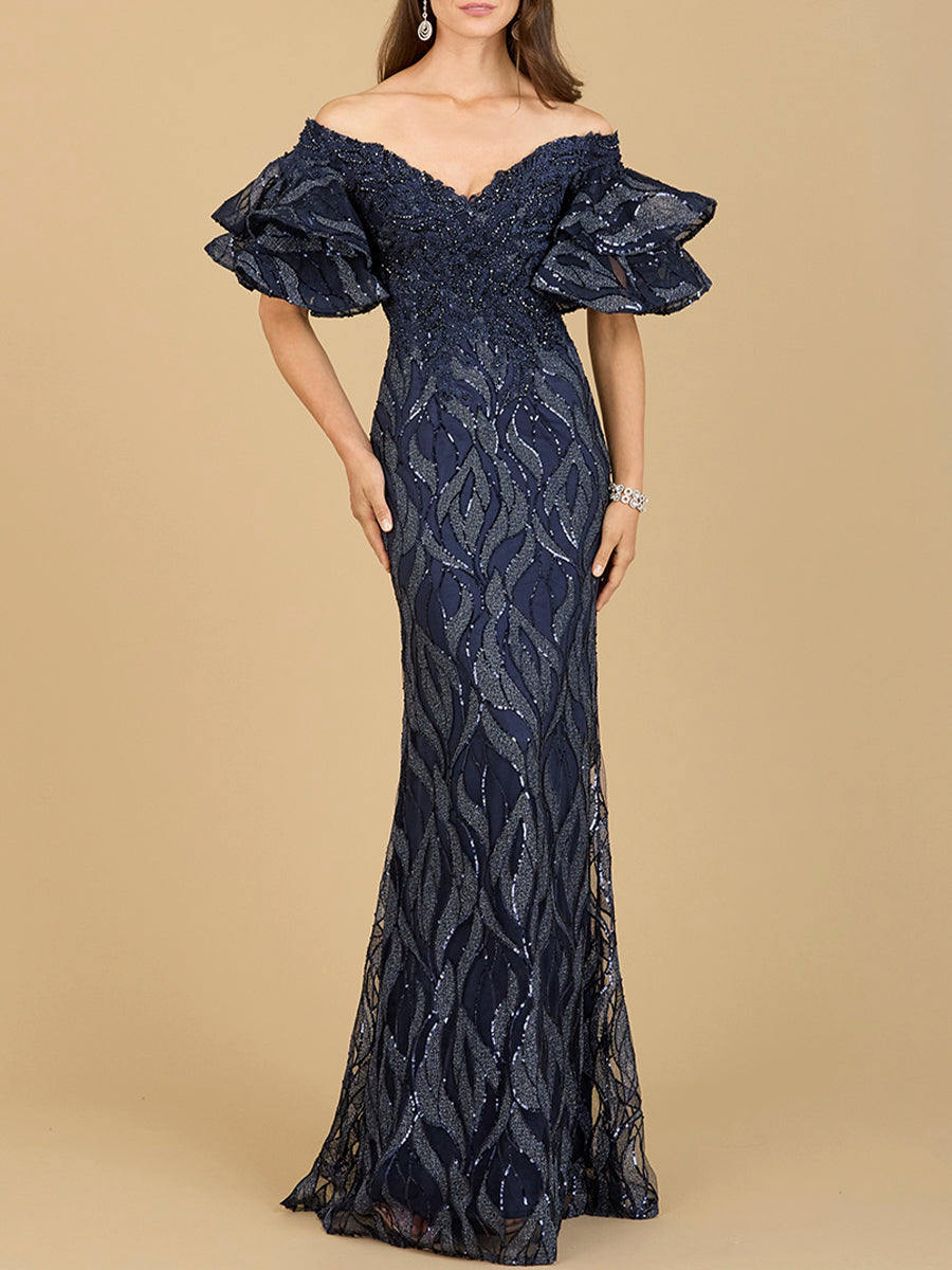 Off Shoulder Mermaid Beaded Gown with Tiered Sleeves by Lara New York