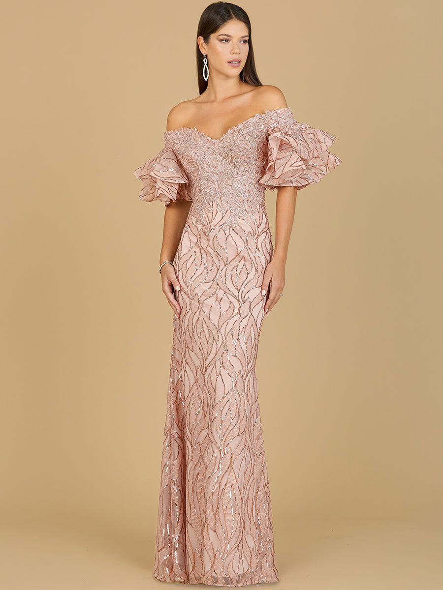 Off Shoulder Mermaid Beaded Gown with Tiered Sleeves by Lara New York