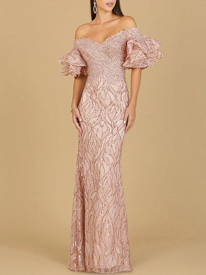 Off Shoulder Mermaid Beaded Gown with Tiered Sleeves by Lara New York