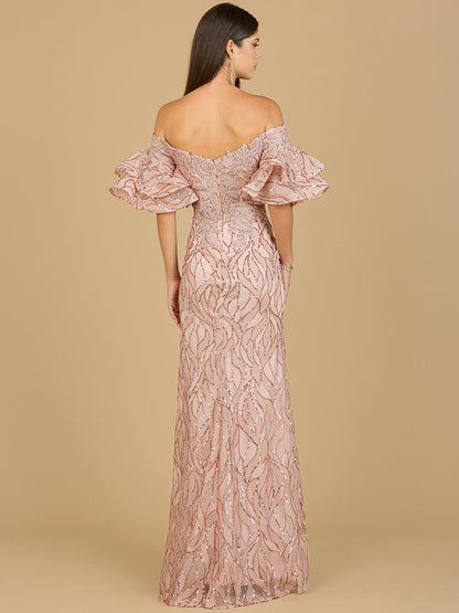 Off Shoulder Mermaid Beaded Gown with Tiered Sleeves by Lara New York